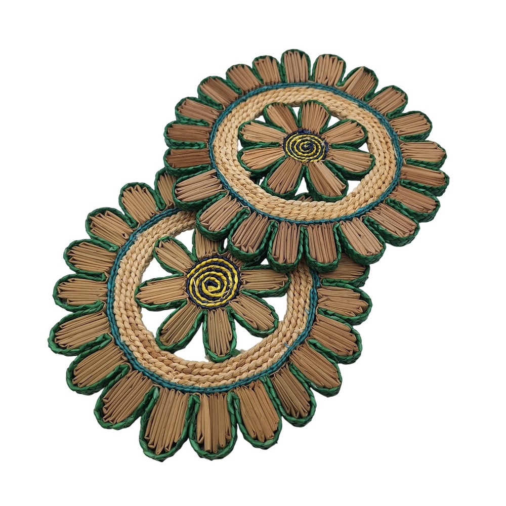 Woven Flower Trivet Coasters Set Natural Braided Rattan Green Blue Yellow Floral